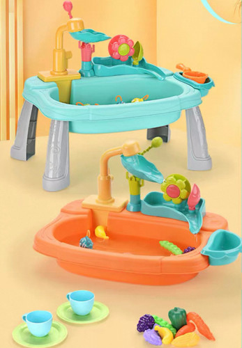 سینک اسباببازی کودک با وسایل آشپزی و ماهیگیری | سینک آبی باتریخور با شیر چرخشی و ۲۶ قطعه جانبی